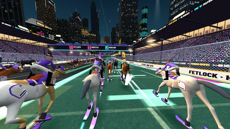 A race in Mayday League: the pack of horses and jockeys on hover sleds under a floodlit grandstand, a city at night behind.