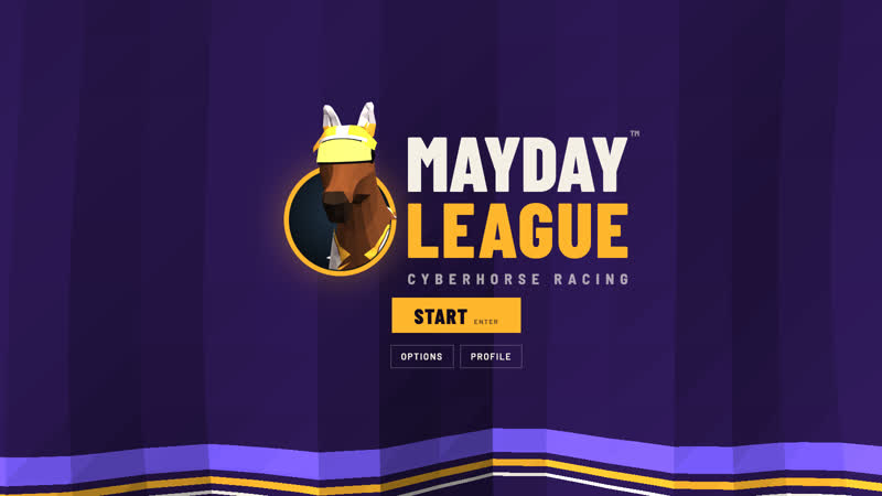 Mayday League's title screen: the horse in its amber ring beside MAYDAY over LEAGUE over CYBERHORSE RACING with its trademark sign, and START.